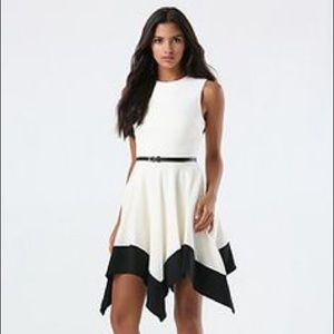 Bebe Jacquard Handkerchief Dress faux leather belt